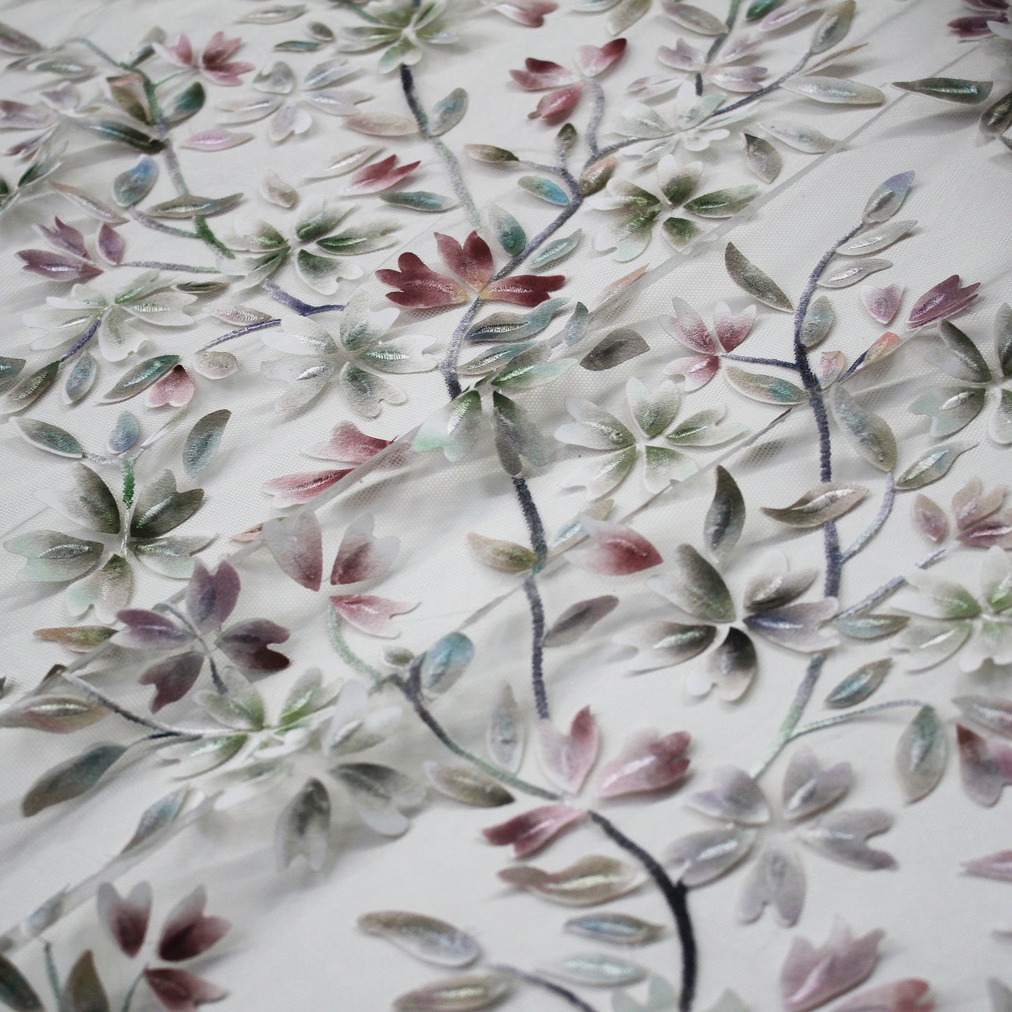 Embroidered Tulle with Branches and Organza Printed Flower Petals