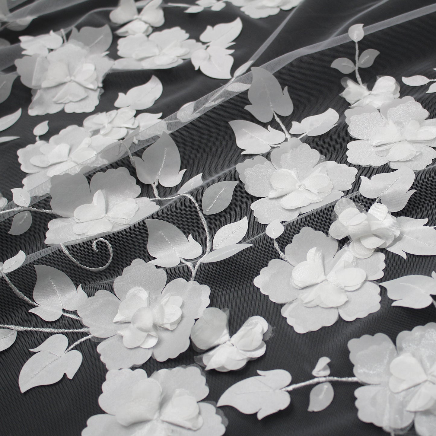 Embroidered Tulle with 3D Organza Roses and Leaves
