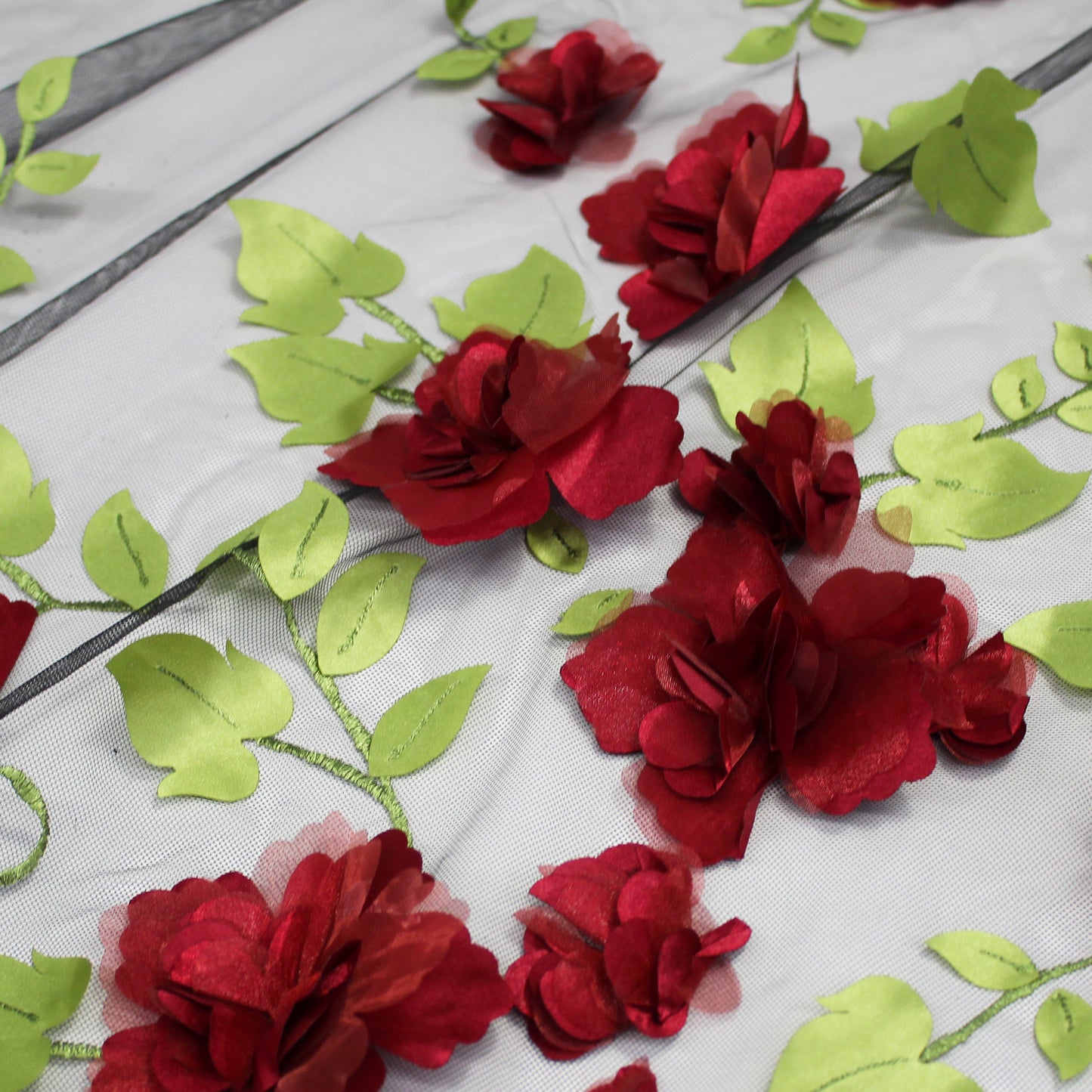 Embroidered Tulle with 3D Organza Roses and Leaves