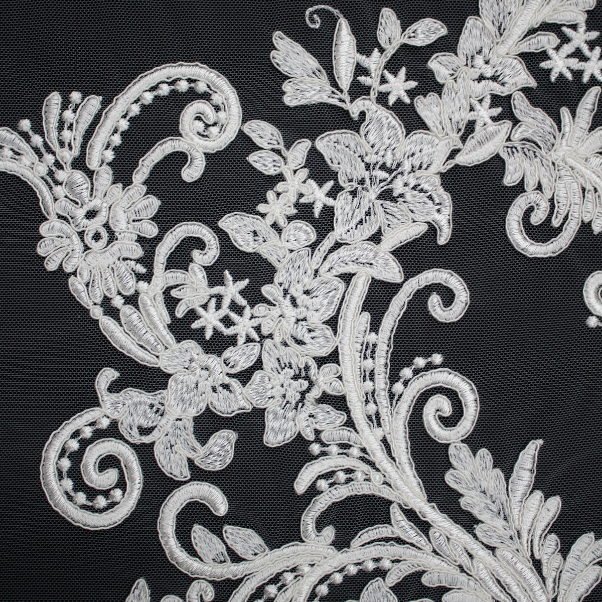Haute Couture Tulle | Bridal Thread Embroidered Tulle with Corded Rebrodé, Floral Sprays & Double Border | TRW3727
