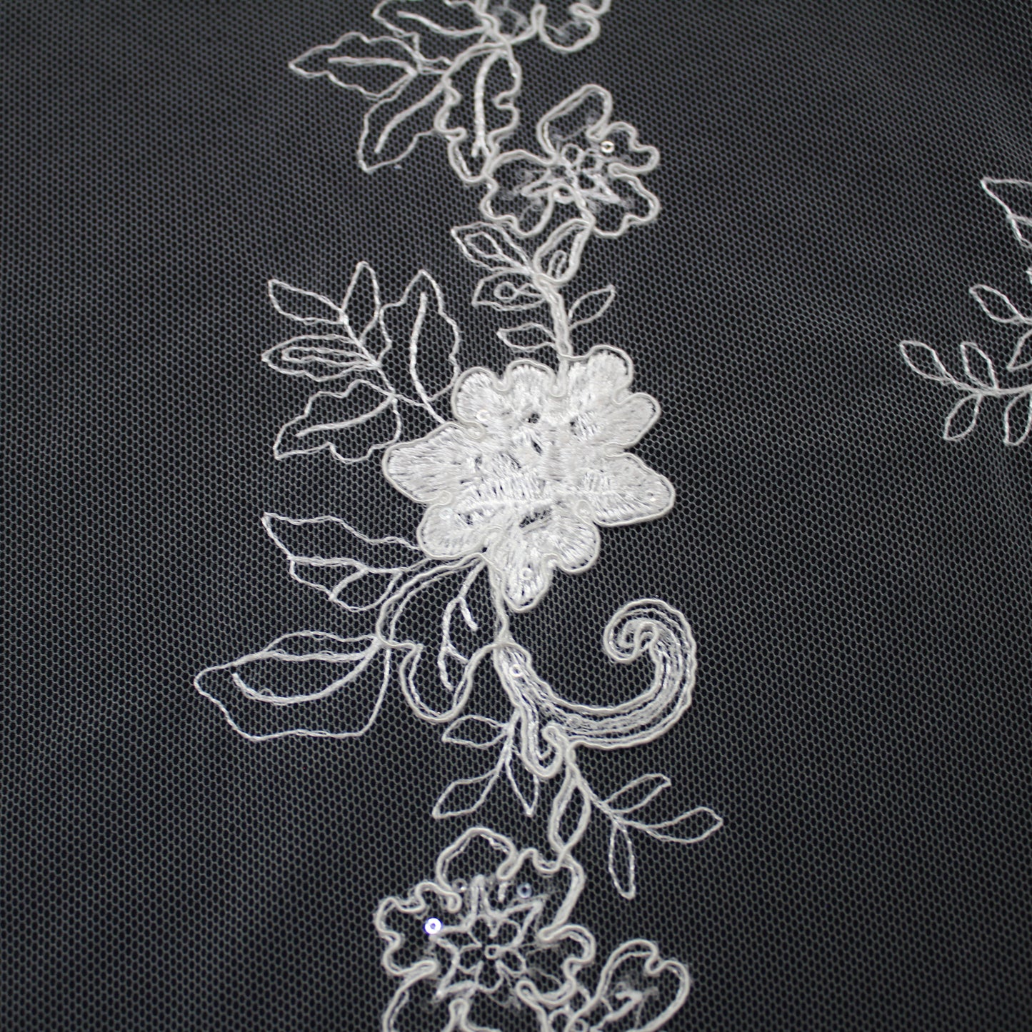 Haute Couture Tulle | Bridal Thread Embroidered Tulle with Rebrodé Outlining, Sequins & Floral Sprays | TRW3502