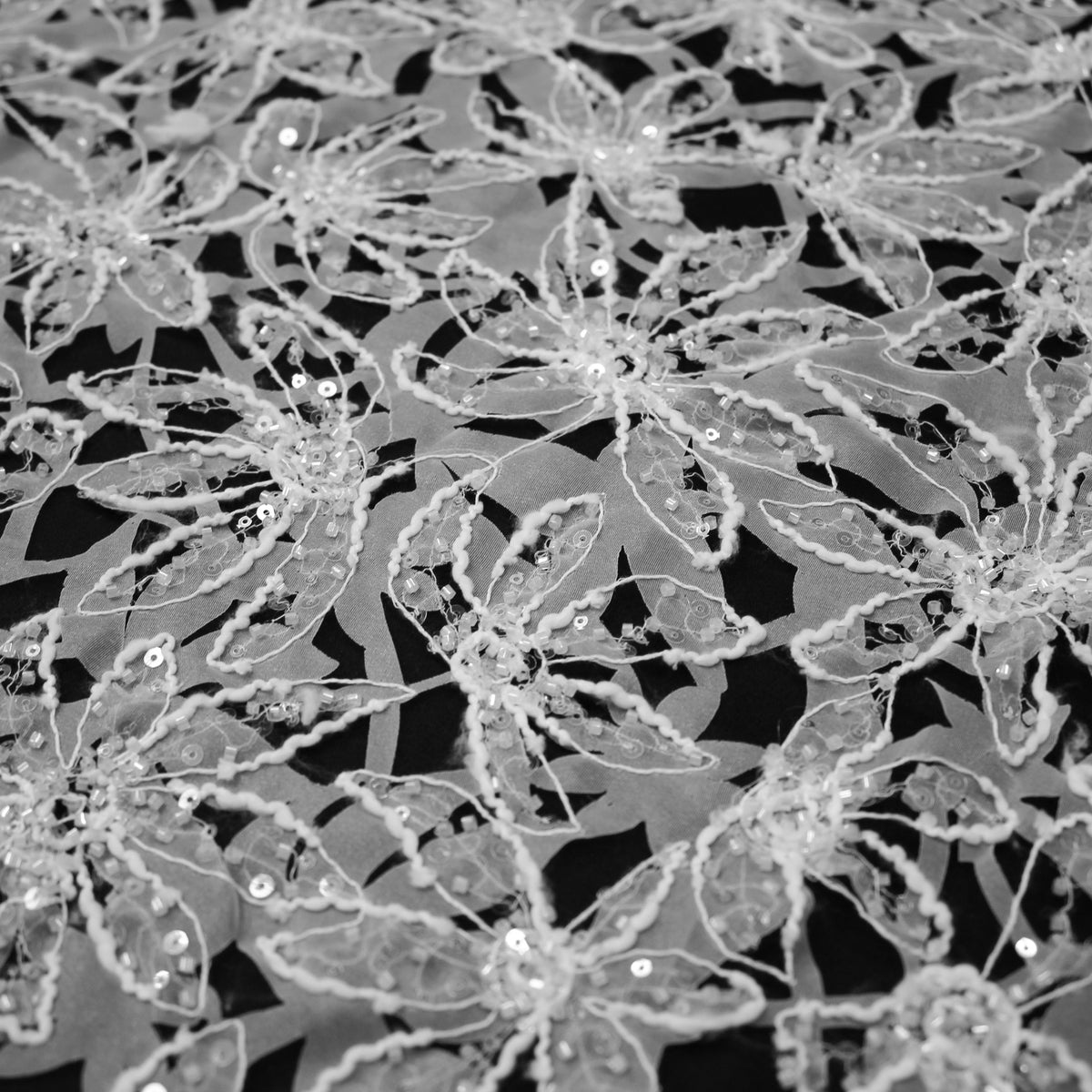 Haute Couture Fabric | Bridal Laser-Cut Organza with Abstract Floral Motifs, Rebrodé Threading, Seed Beads & Sequins | TRW4287