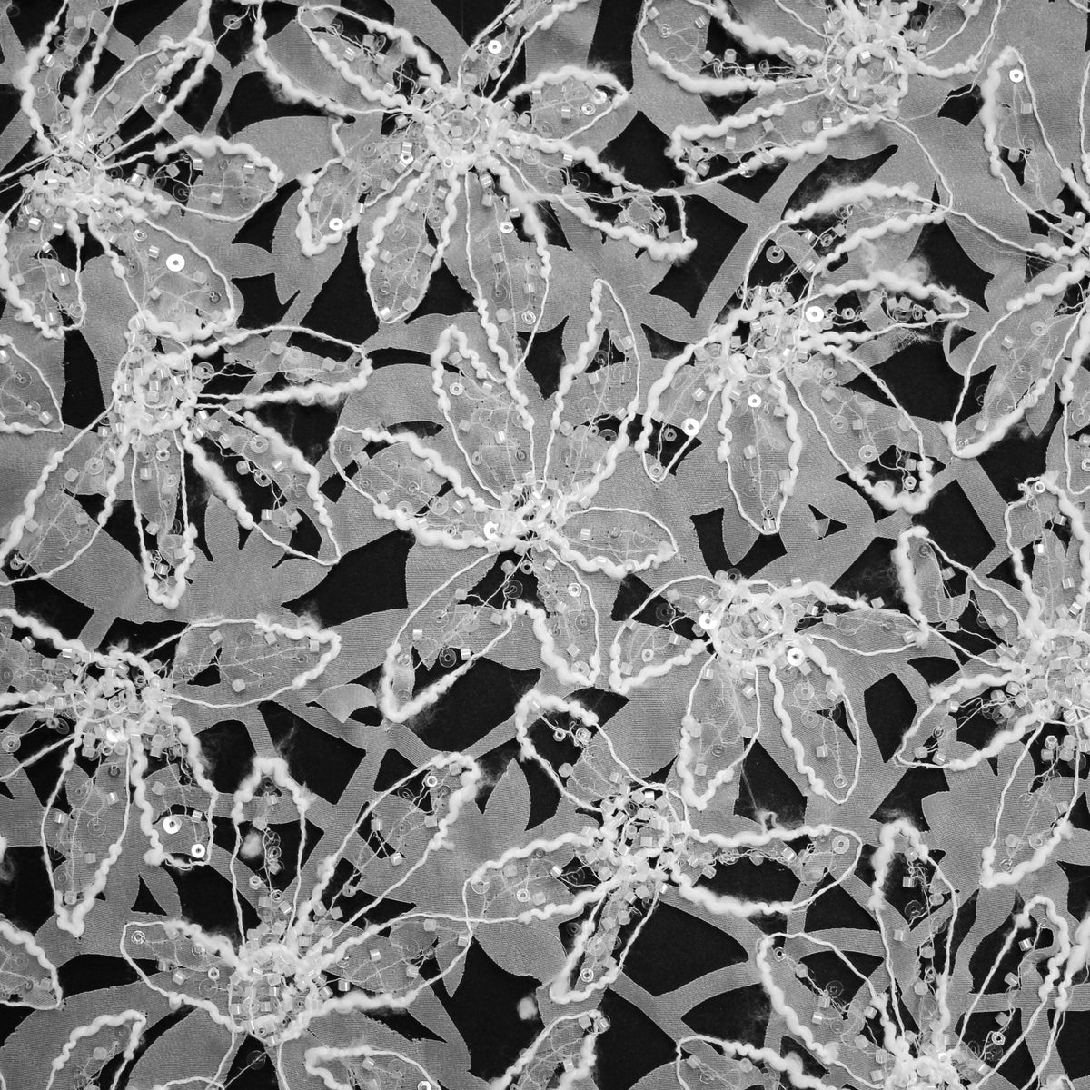 Haute Couture Fabric | Bridal Laser-Cut Organza with Abstract Floral Motifs, Rebrodé Threading, Seed Beads & Sequins | TRW4287