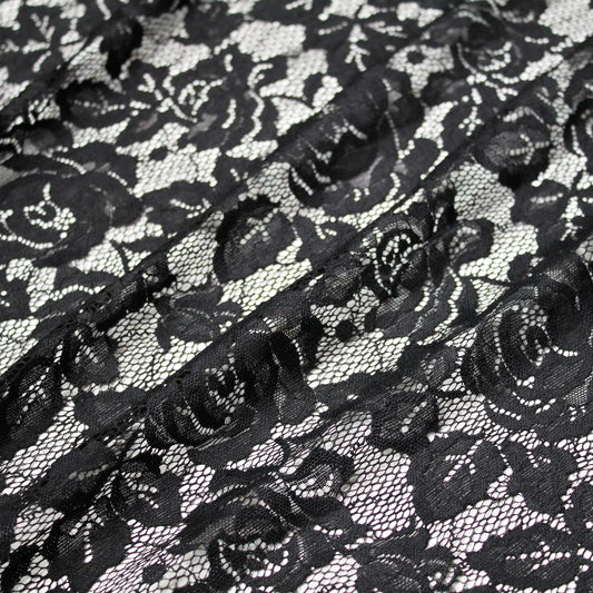 Elasticized Black Chantilly Lace with Flowers