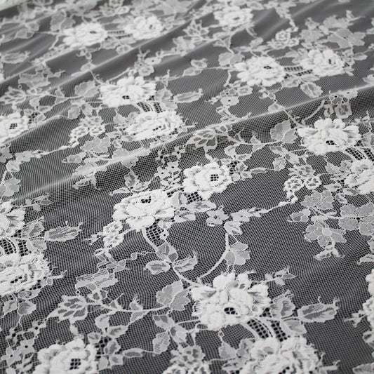 Pizzo Chantilly | Tralci di Fiori Ricamati a Filo | Doppio Bordo Alto Arabesco e Fiori | H 140 cm | FW3695