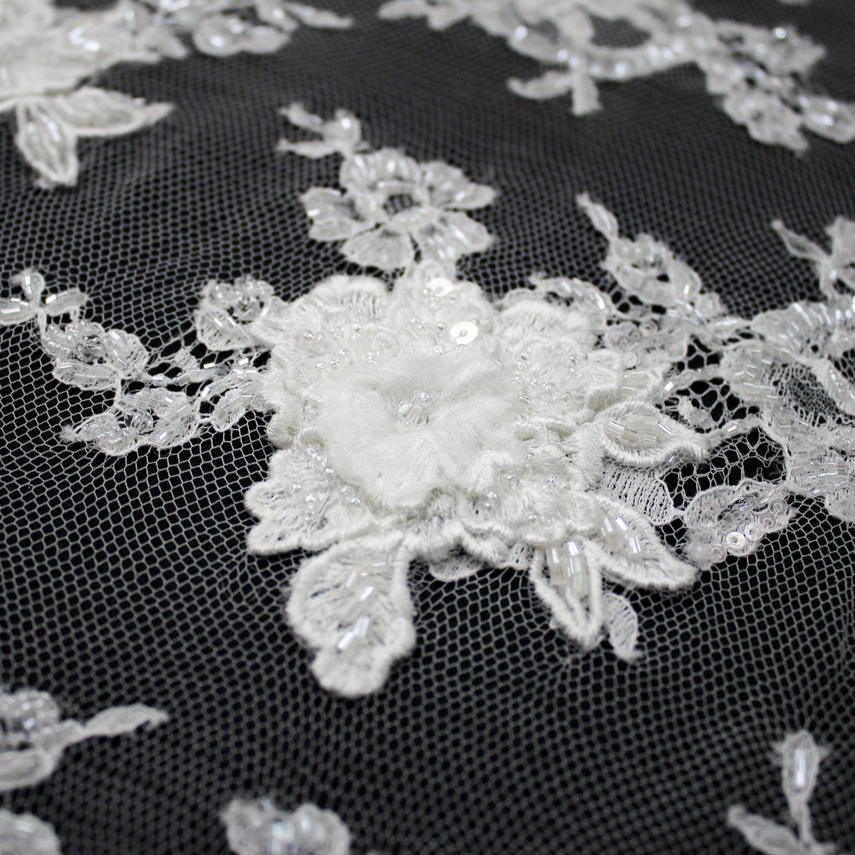 Haute Couture French Lace | Bridal All-Over 3D Embroidered Lace with Seed Beads, Sequins, 3D Flowers, Floral Motifs & Double Border | FRI3520
