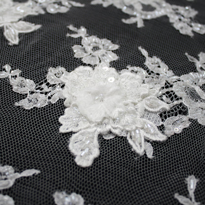 Haute Couture French Lace | Bridal All-Over 3D Embroidered Lace with Seed Beads, Sequins, 3D Flowers, Floral Motifs & Double Border | FRI3520