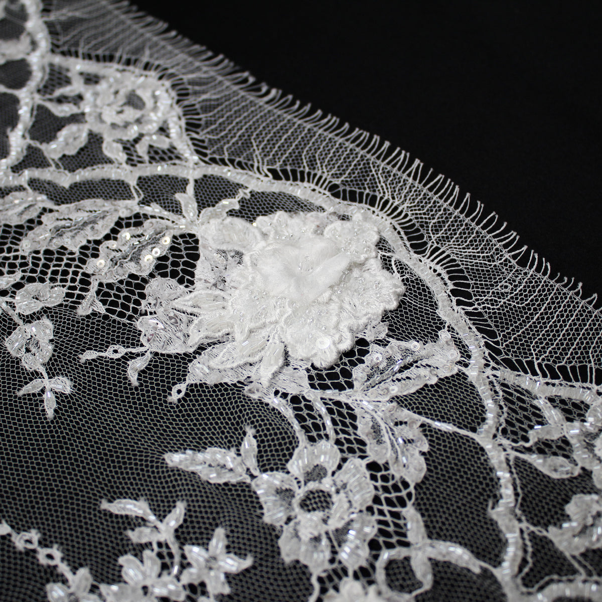 Haute Couture French Lace | Bridal All-Over 3D Embroidered Lace with Seed Beads, Sequins, 3D Flowers, Floral Motifs & Double Border | FRI3520