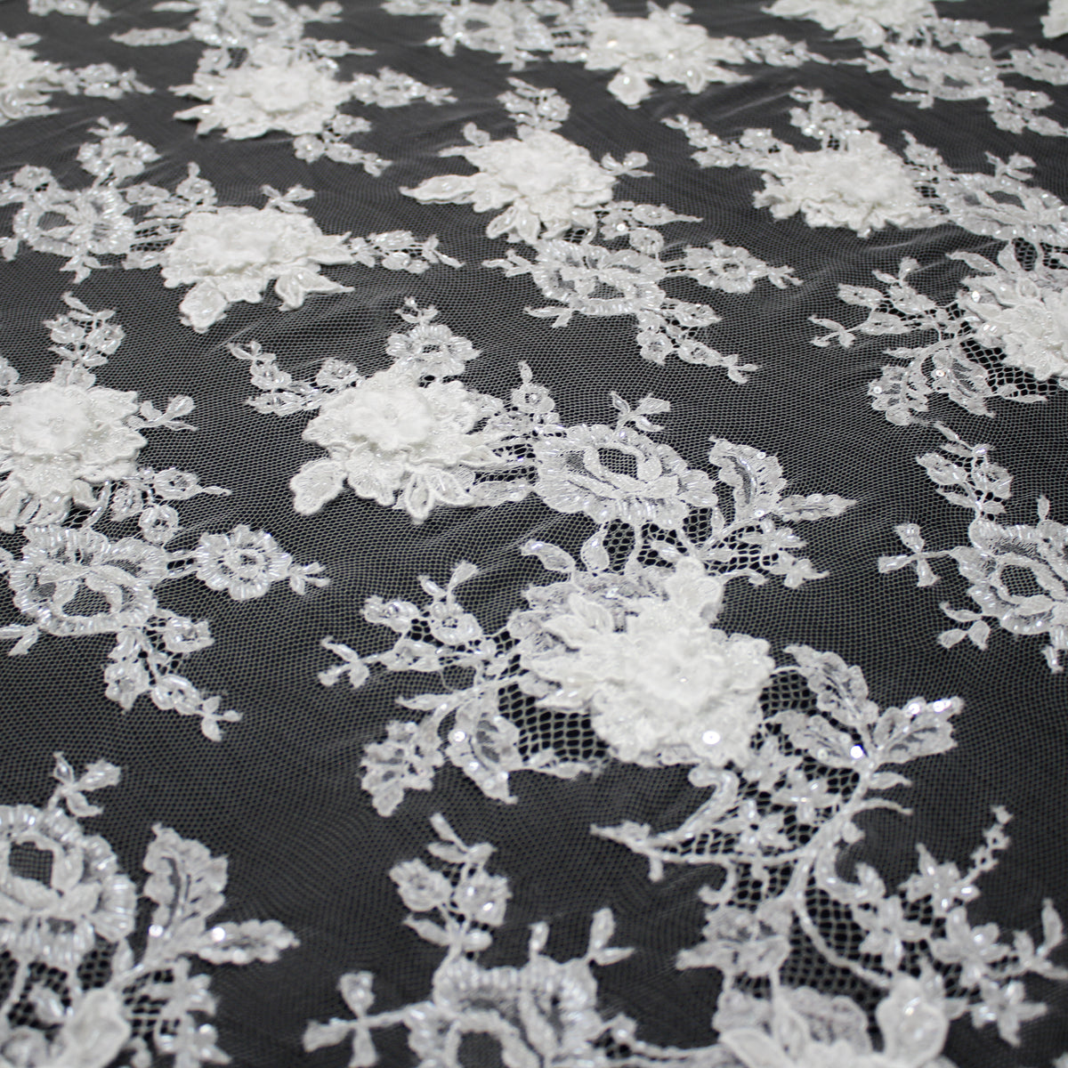 Haute Couture French Lace | Bridal All-Over 3D Embroidered Lace with Seed Beads, Sequins, 3D Flowers, Floral Motifs & Double Border | FRI3520