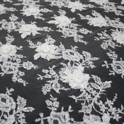 Haute Couture French Lace | Bridal All-Over 3D Embroidered Lace with Seed Beads, Sequins, 3D Flowers, Floral Motifs & Double Border | FRI3520