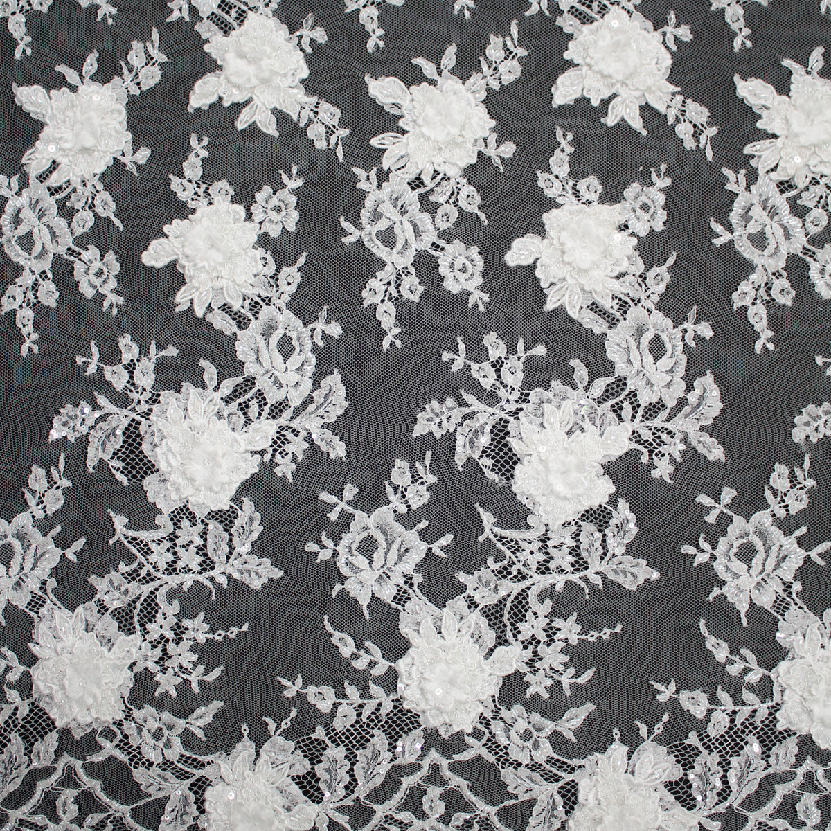 Haute Couture French Lace | Bridal All-Over 3D Embroidered Lace with Seed Beads, Sequins, 3D Flowers, Floral Motifs & Double Border | FRI3520