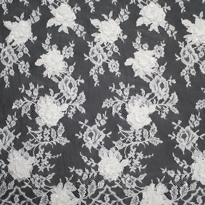 Haute Couture French Lace | Bridal All-Over 3D Embroidered Lace with Seed Beads, Sequins, 3D Flowers, Floral Motifs & Double Border | FRI3520