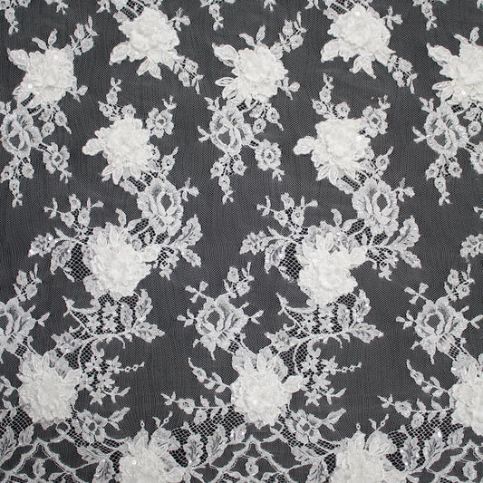 Haute Couture French Lace | Bridal All-Over 3D Embroidered Lace with Seed Beads, Sequins, 3D Flowers, Floral Motifs & Double Border | FRI3520