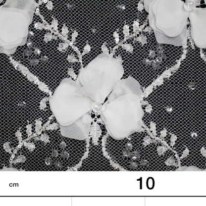 Haute Couture French Lace | Bridal 3D Embroidered Lace with Sequins, Seed Beads, Rhinestones, 3D Flowers, Arabesque Scrolls, Leaf Crowns & Double Border | FRI3524