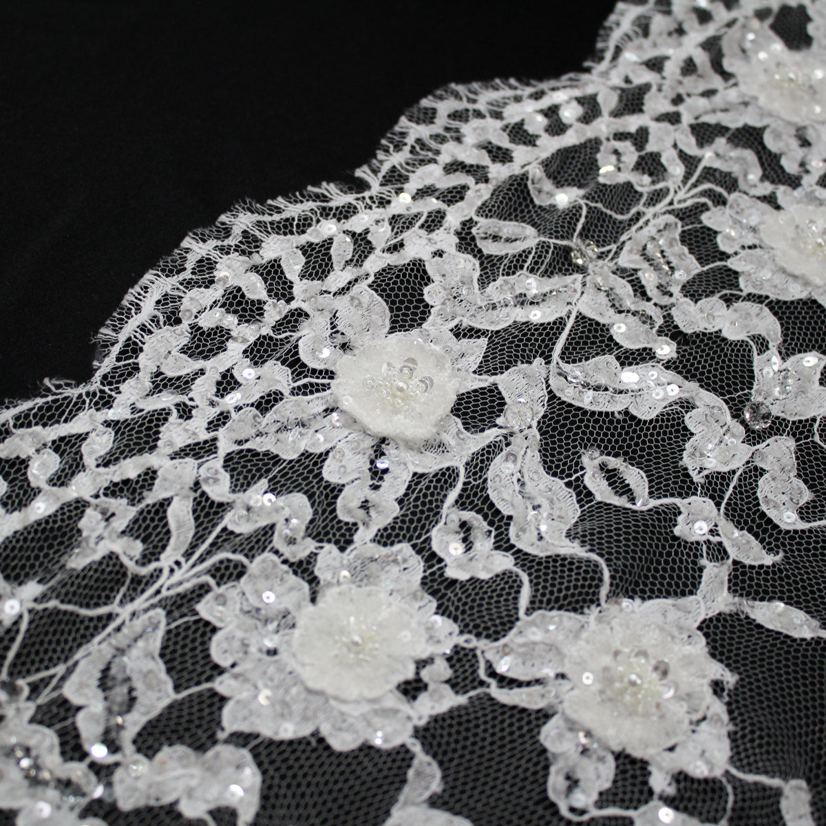 Haute Couture French Lace | Bridal 3D Embroidered Lace with Pearls, Sequins, 3D Flowers, Vertical Band Floral Sprays & Double Border | FRI3522