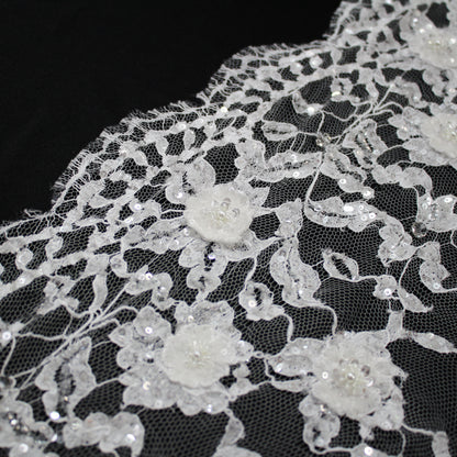 Haute Couture French Lace | Bridal 3D Embroidered Lace with Pearls, Sequins, 3D Flowers, Vertical Band Floral Sprays & Double Border | FRI3522