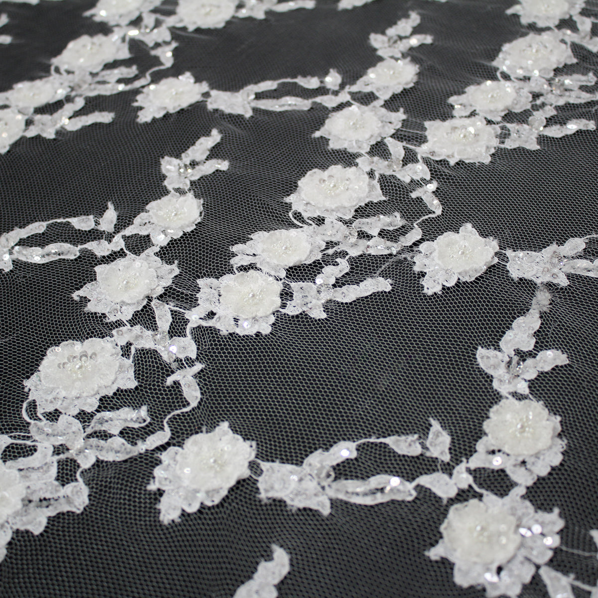 Haute Couture French Lace | Bridal 3D Embroidered Lace with Pearls, Sequins, 3D Flowers, Vertical Band Floral Sprays & Double Border | FRI3522