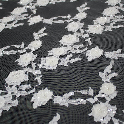 Haute Couture French Lace | Bridal 3D Embroidered Lace with Pearls, Sequins, 3D Flowers, Vertical Band Floral Sprays & Double Border | FRI3522