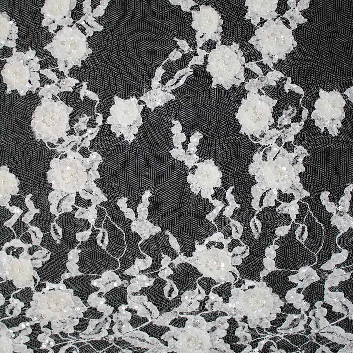 Haute Couture French Lace | Bridal 3D Embroidered Lace with Pearls, Sequins, 3D Flowers, Vertical Band Floral Sprays & Double Border | FRI3522