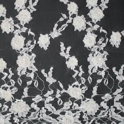 Haute Couture French Lace | Bridal 3D Embroidered Lace with Pearls, Sequins, 3D Flowers, Vertical Band Floral Sprays & Double Border | FRI3522