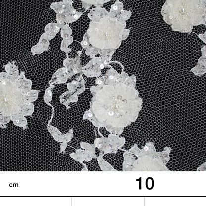 Haute Couture French Lace | Bridal 3D Embroidered Lace with Pearls, Sequins, 3D Flowers, Vertical Band Floral Sprays & Double Border | FRI3522