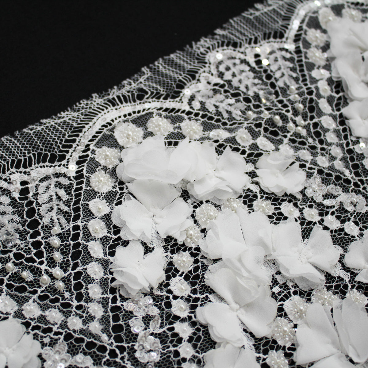 Haute Couture French Lace | Bridal 3D Embroidered Lace with Pearls, Sequins, Rhinestones, 3D Flowers, Arched Framework & Single Scallop | FRI3523