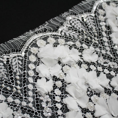 Haute Couture French Lace | Bridal 3D Embroidered Lace with Pearls, Sequins, Rhinestones, 3D Flowers, Arched Framework & Single Scallop | FRI3523