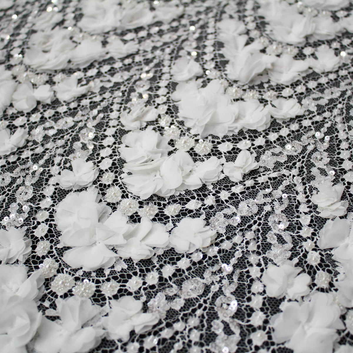 Haute Couture French Lace | Bridal 3D Embroidered Lace with Pearls, Sequins, Rhinestones, 3D Flowers, Arched Framework & Single Scallop | FRI3523