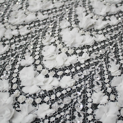 Haute Couture French Lace | Bridal 3D Embroidered Lace with Pearls, Sequins, Rhinestones, 3D Flowers, Arched Framework & Single Scallop | FRI3523