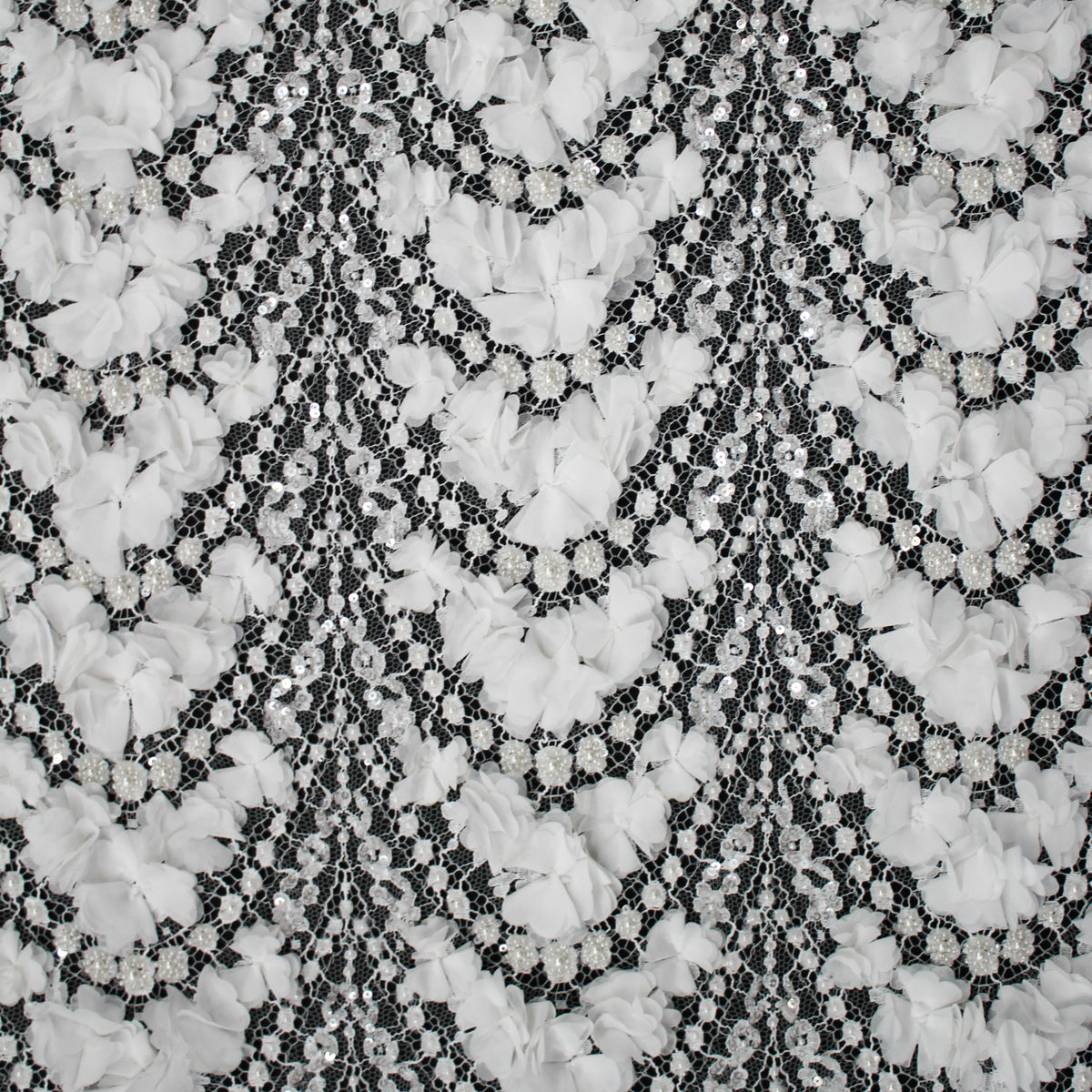 Haute Couture French Lace | Bridal 3D Embroidered Lace with Pearls, Sequins, Rhinestones, 3D Flowers, Arched Framework & Single Scallop | FRI3523