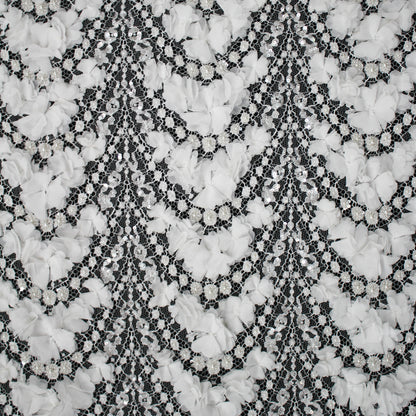 Haute Couture French Lace | Bridal 3D Embroidered Lace with Pearls, Sequins, Rhinestones, 3D Flowers, Arched Framework & Single Scallop | FRI3523
