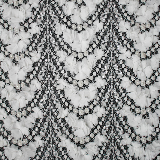Pizzo Francese Alta Moda | Pizzo Ricamato 3D Sposa con Perline, Paillettes, Strass, Fiori 3D, Motivo Archi, Fiori e Bordo Singolo | FRI3523