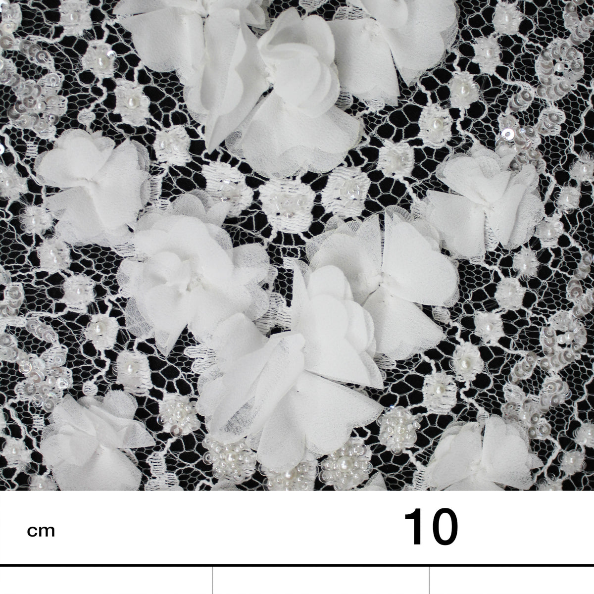 Haute Couture French Lace | Bridal 3D Embroidered Lace with Pearls, Sequins, Rhinestones, 3D Flowers, Arched Framework & Single Scallop | FRI3523