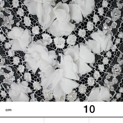 Haute Couture French Lace | Bridal 3D Embroidered Lace with Pearls, Sequins, Rhinestones, 3D Flowers, Arched Framework & Single Scallop | FRI3523