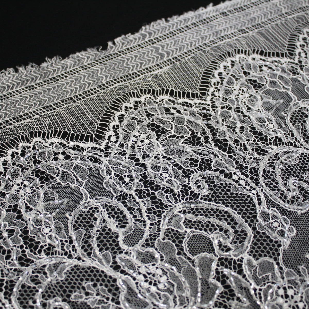 Haute Couture French Lace | Bridal All-Over Embroidered Lace with Seed Beads, Floral Bouquets, Paisley & Double Border | FRI1752