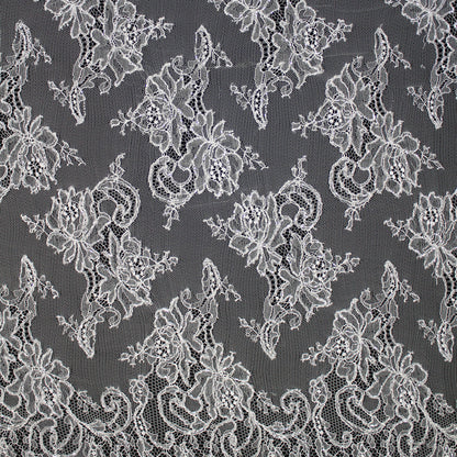 Haute Couture French Lace | Bridal All-Over Embroidered Lace with Seed Beads, Floral Bouquets, Paisley & Double Border | FRI1752