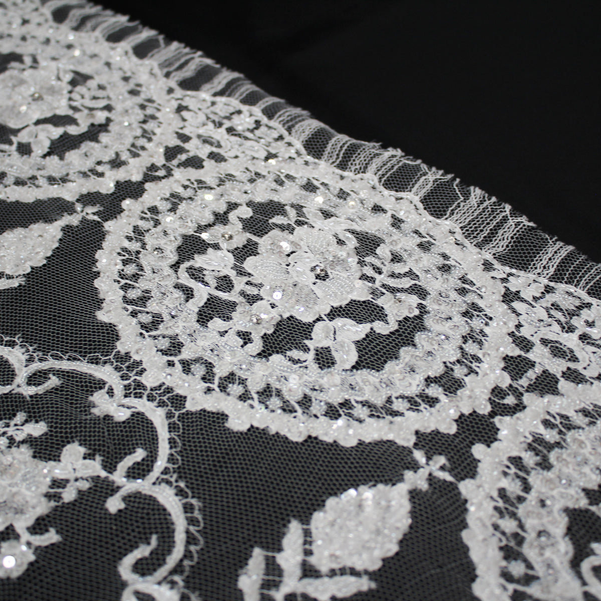 Haute Couture French Lace | Bridal All-Over Embroidered Lace with Seed Beads, Sequins, Floral Arabesque, Rosette Motifs & Double Scallop | FRI3089