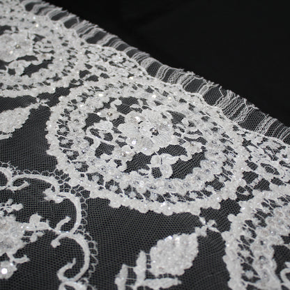 Haute Couture French Lace | Bridal All-Over Embroidered Lace with Seed Beads, Sequins, Floral Arabesque, Rosette Motifs & Double Scallop | FRI3089