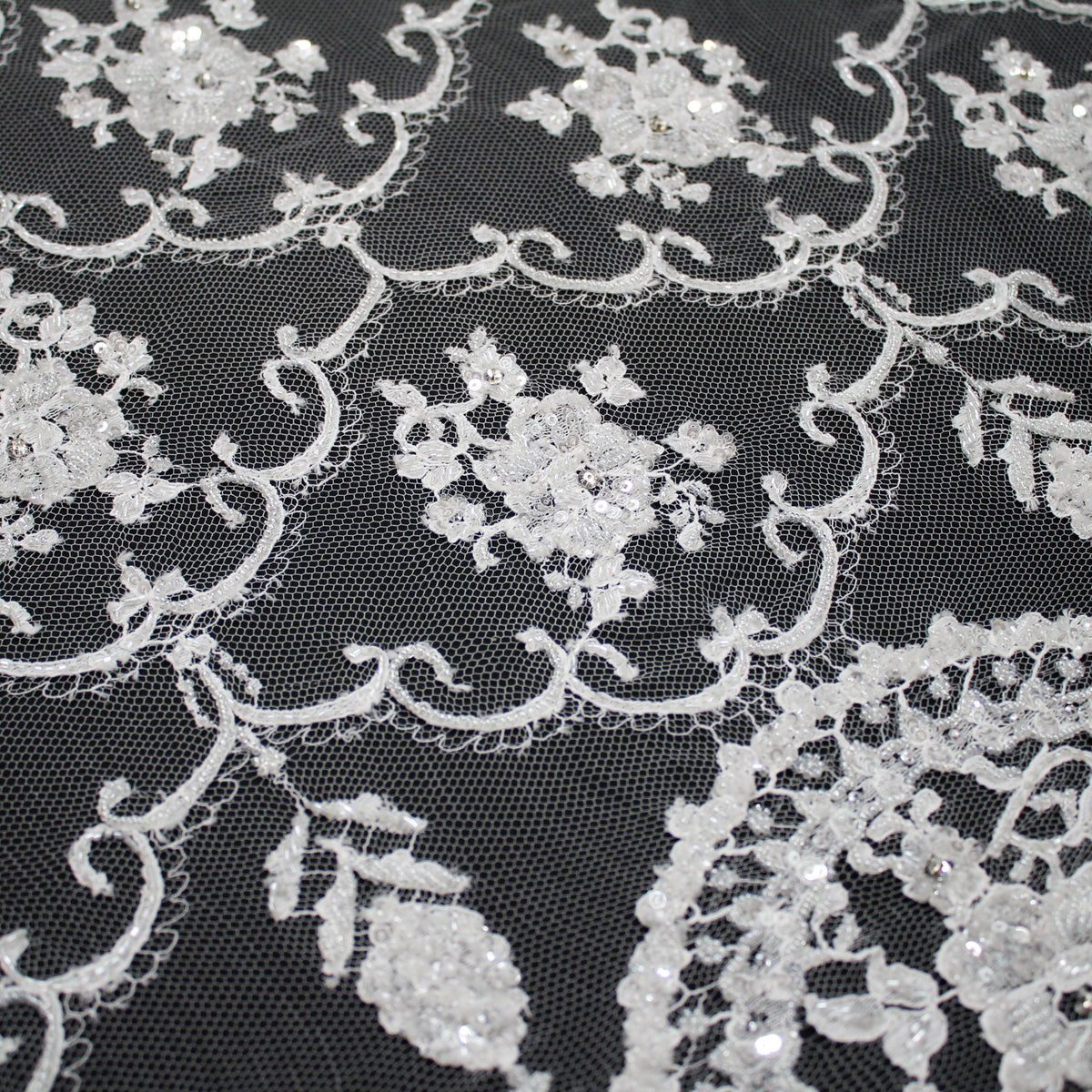 Haute Couture French Lace | Bridal All-Over Embroidered Lace with Seed Beads, Sequins, Floral Arabesque, Rosette Motifs & Double Scallop | FRI3089