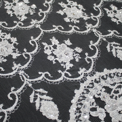 Haute Couture French Lace | Bridal All-Over Embroidered Lace with Seed Beads, Sequins, Floral Arabesque, Rosette Motifs & Double Scallop | FRI3089