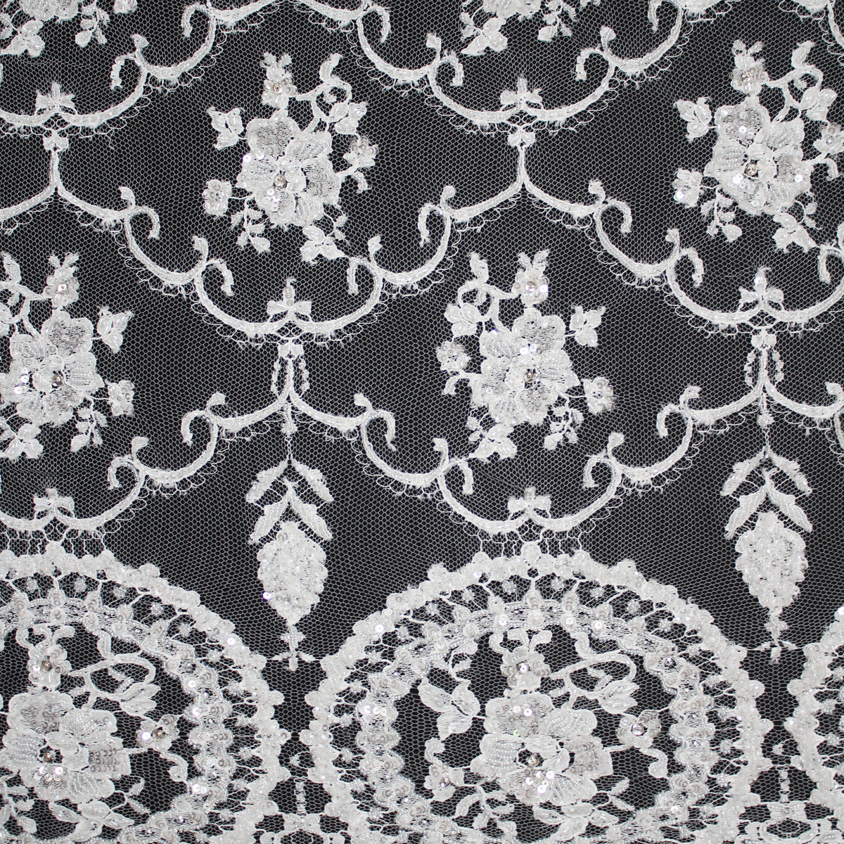 Haute Couture French Lace | Bridal All-Over Embroidered Lace with Seed Beads, Sequins, Floral Arabesque, Rosette Motifs & Double Scallop | FRI3089