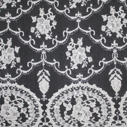 Haute Couture French Lace | Bridal All-Over Embroidered Lace with Seed Beads, Sequins, Floral Arabesque, Rosette Motifs & Double Scallop | FRI3089