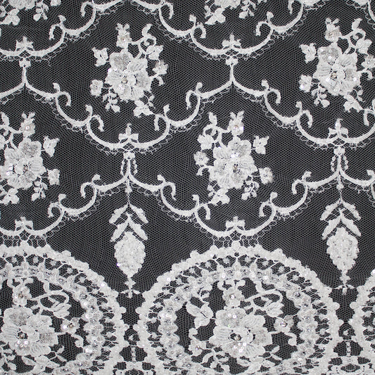 Pizzo Francese Alta Moda | Pizzo Ricamato Sposa a Campo Pieno con Corallini, Paillettes, Motivo Arabesco Floreale, Rosoni e Doppio Smerlo | FRI3089