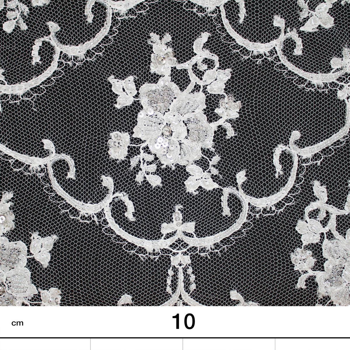 Haute Couture French Lace | Bridal All-Over Embroidered Lace with Seed Beads, Sequins, Floral Arabesque, Rosette Motifs & Double Scallop | FRI3089