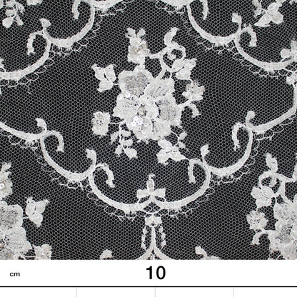 Haute Couture French Lace | Bridal All-Over Embroidered Lace with Seed Beads, Sequins, Floral Arabesque, Rosette Motifs & Double Scallop | FRI3089