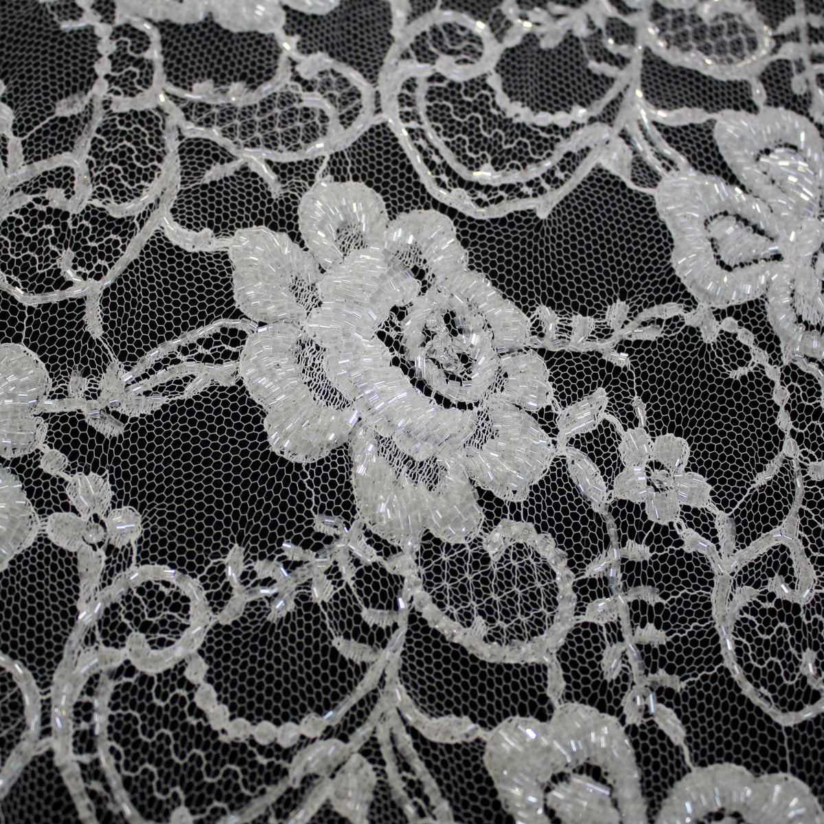 Haute Couture French Lace | Bridal All-Over Embroidered Lace with Seed Beads, Pearls, Floral Motifs, Paisley Scrolls & Double Scallop | FRI3710