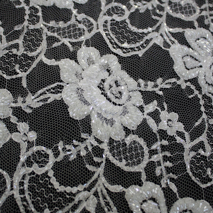 Haute Couture French Lace | Bridal All-Over Embroidered Lace with Seed Beads, Pearls, Floral Motifs, Paisley Scrolls & Double Scallop | FRI3710
