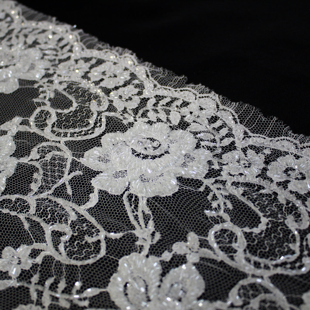 Haute Couture French Lace | Bridal All-Over Embroidered Lace with Seed Beads, Pearls, Floral Motifs, Paisley Scrolls & Double Scallop | FRI3710