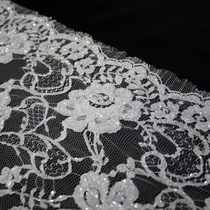 Haute Couture French Lace | Bridal All-Over Embroidered Lace with Seed Beads, Pearls, Floral Motifs, Paisley Scrolls & Double Scallop | FRI3710