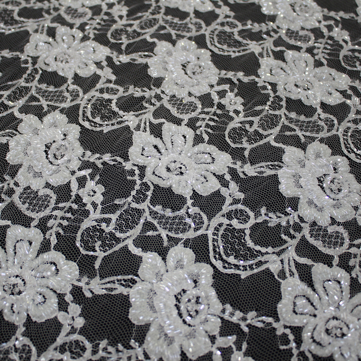Haute Couture French Lace | Bridal All-Over Embroidered Lace with Seed Beads, Pearls, Floral Motifs, Paisley Scrolls & Double Scallop | FRI3710
